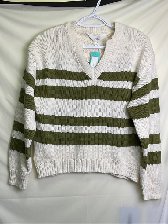 Market & Spruce Sweaters - Market & Spruce Olive and Cream Striped Sailor V-Neck Sweater